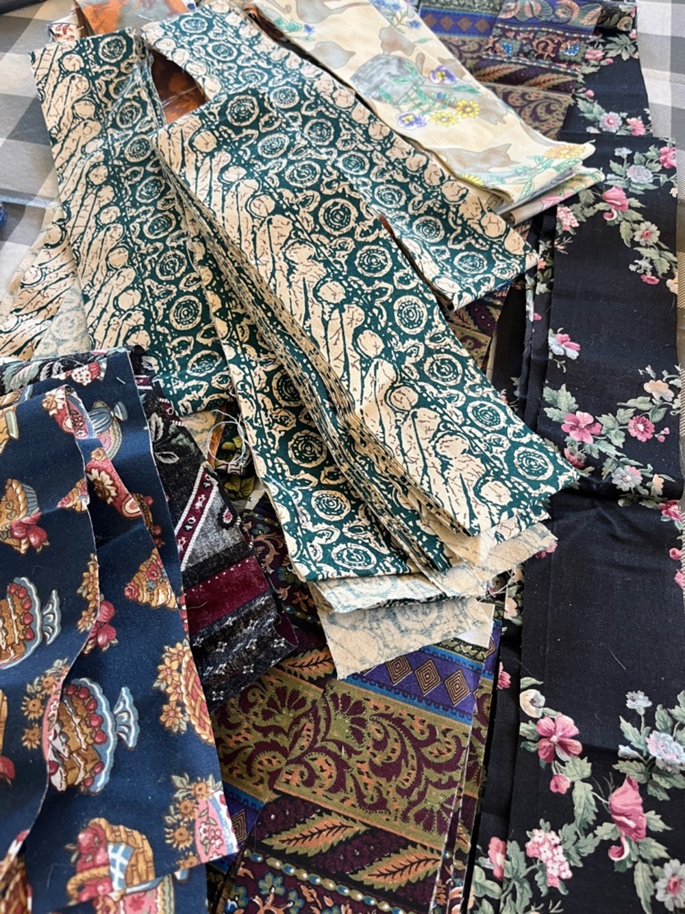 Cotton Mixed Vintage Fabric Lot in Teal, Black, Navy,  40”-50” long 2.5” wide